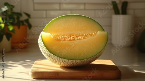 Freshly cut melon resting on a wooden board with mint leaves in a sunlit kitchen