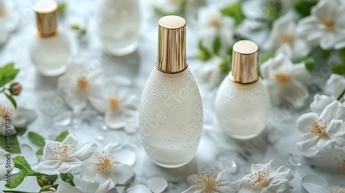 Elegant glass perfume bottle surrounded by delicate pink flowers in soft sunl...