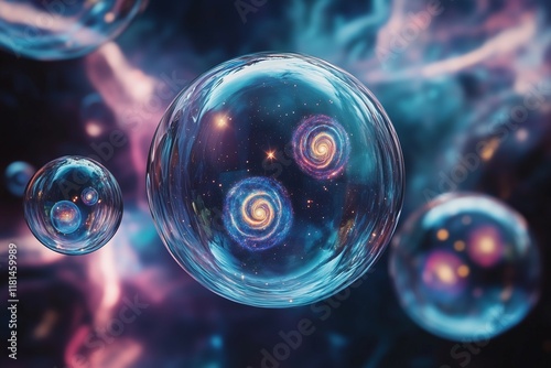 Floating transparent bubbles containing inside stars and spiral galaxies. Multiverse concept
