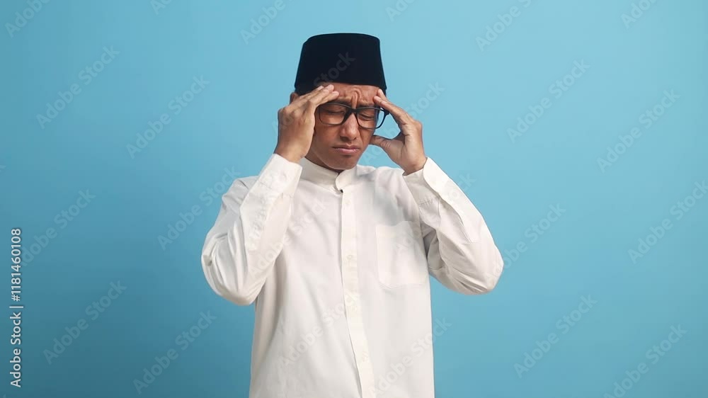 Unhappy asian muslim man standing while holding his head. Headache in Ramadan month concept Unhappy asian muslim man standing while holding his head. Headache in Ramadan month concept