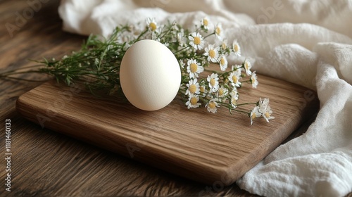 Fresh egg placed on a rustic wooden board alongside delicate white flowers an...