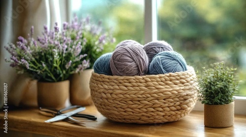 Cozy yarn basket by the window with autumn view and blooming flowers