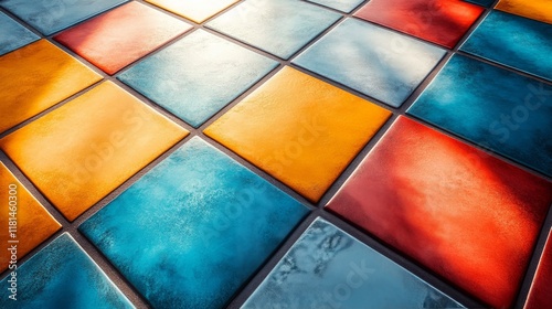Vibrant colored tiles arranged artistically on a floor in a contemporary space