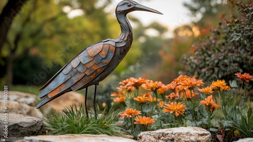 Metal heron sculpture near serene pond with vibrant flowers in garden setting