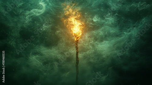 Flame ignites from a mystical torch surrounded by ethereal smoke in a dark se...