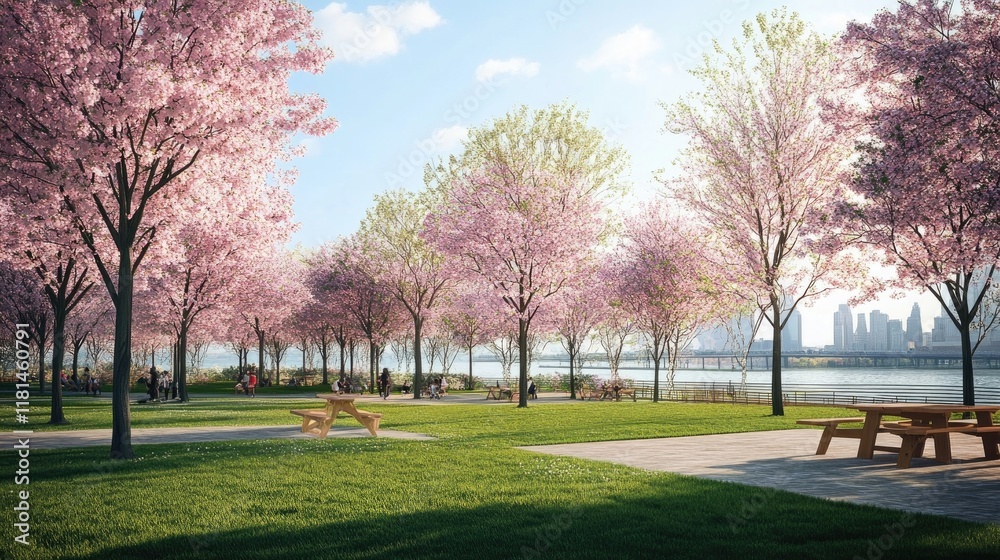 Scenic riverside park with cherry blossom trees and picnic areas Scenic riverside park with cherry blossom trees and picnic areas