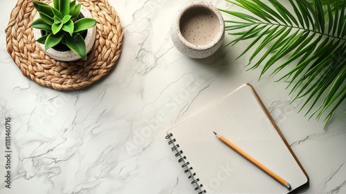 Workspace layout featuring a plant, notebook, and cup on a marble surface