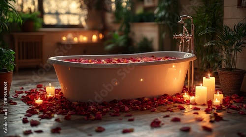 Relaxing bath with rose petals and candles in a serene indoor setting during ...