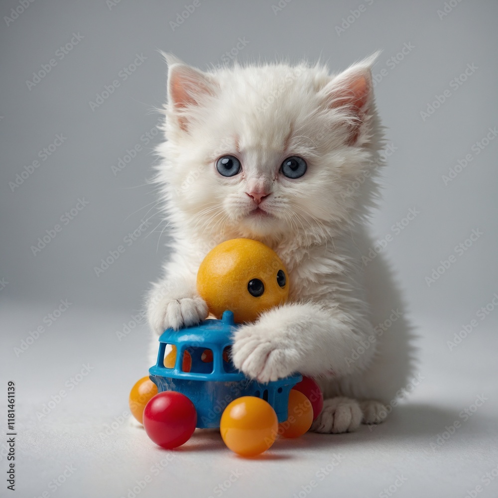 Obraz premium A cute white kitten with big eyes and a fluffy coat, playing with a toy on a clear white background.