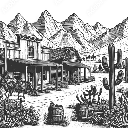 Wild West landscape desert homestead featuring wooden cabins, towering cacti, rugged mountains, and a rustic wagon sketch engraving generative ai vector illustration. Scratch board. Black and white.