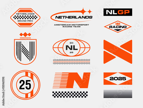 Set streetwear auto racing logo ideas for a clothing brand. Design vector typography for decals auto and t-shirt Netherlands streetwear clothing y2k style.