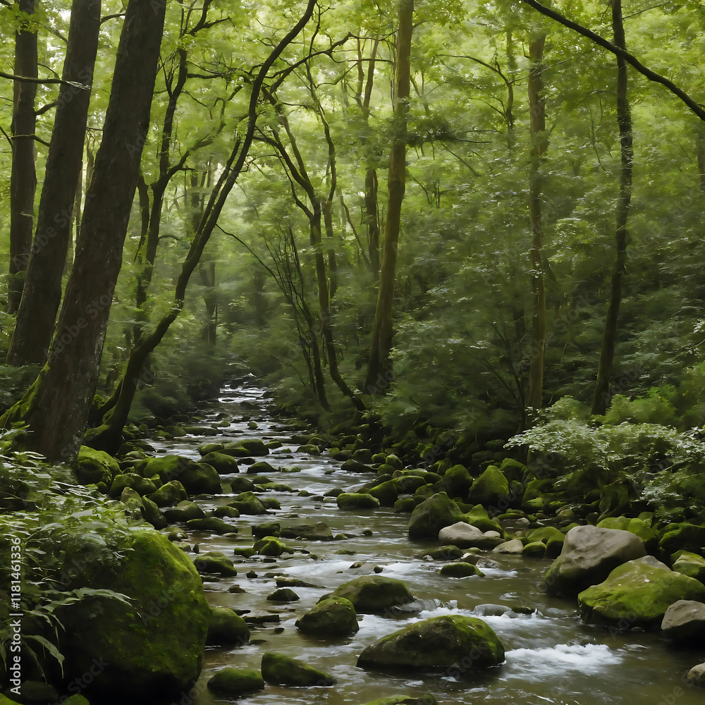 A serene forest stream winds through a dense, verdant forest A serene forest stream winds through a dense, verdant forest