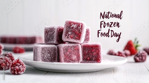 Celebrating national frozen food day with delicious raspberry ice cubes and fruit arrangement photo