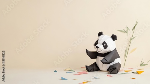 Paper panda figure sitting on a light background with colorful decorations.