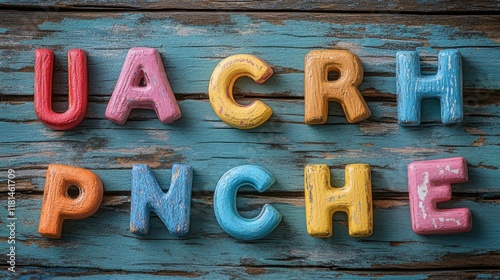 Colorful alphabet letters and art supplies arranged on a wooden desk in a coz...