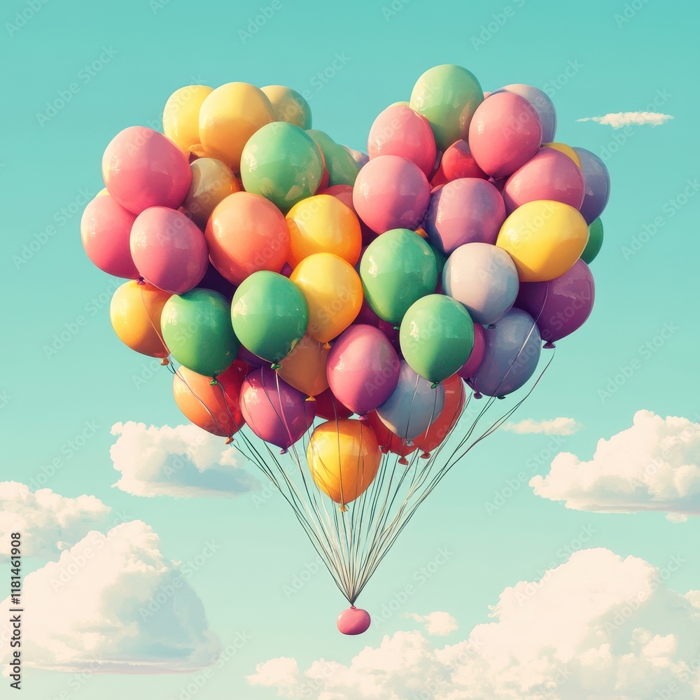 Fototapeta premium Colorful Balloons Form Heart Shape In Sky