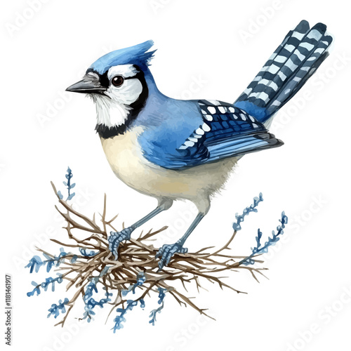 A watercolor painting of a blue jay collecting twigs, isolated on a white background. Blue jay vector.
