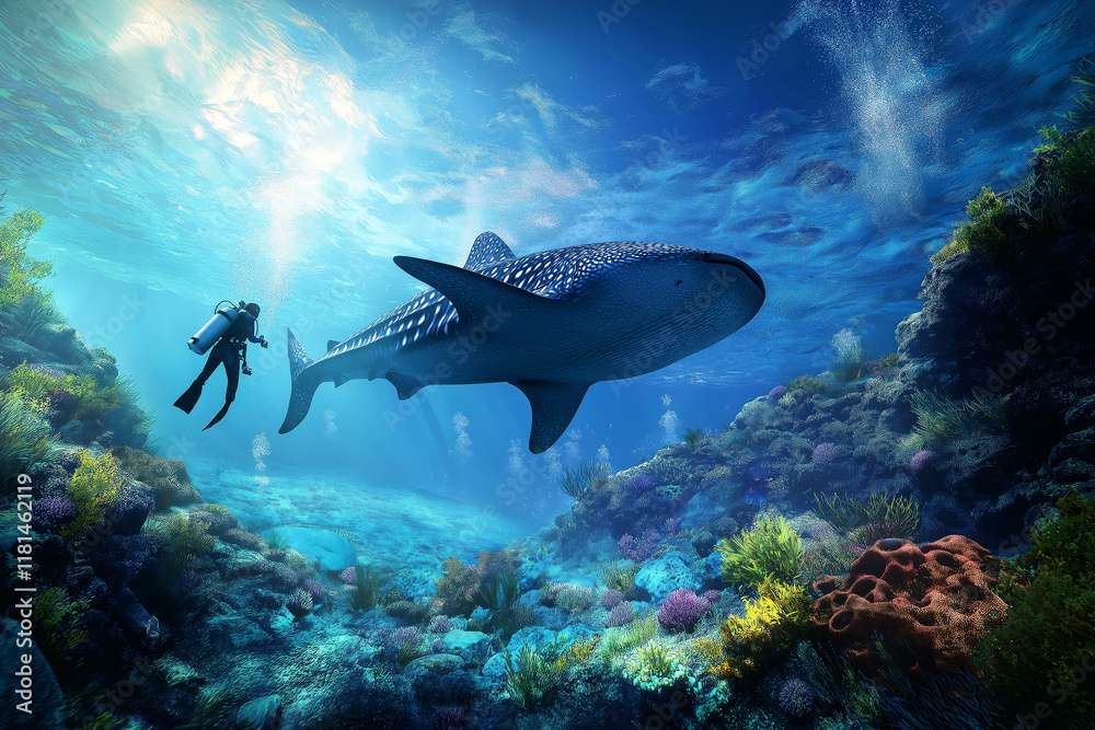Fototapeta premium Underwater scene of a scuba diver floating peacefully near a massive whale shark, showing the scale difference.