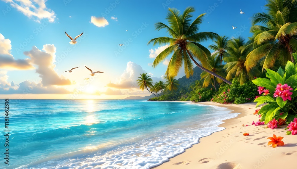 Obraz premium Tranquil Tropical Beach Sunset with Lush Palms and Colorful Flowers