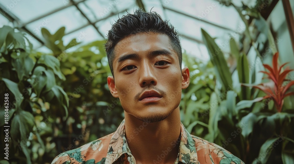 Portrait of a thoughtful man in tropical greenhouse with lush foliage Portrait of a thoughtful man in tropical greenhouse with lush foliage