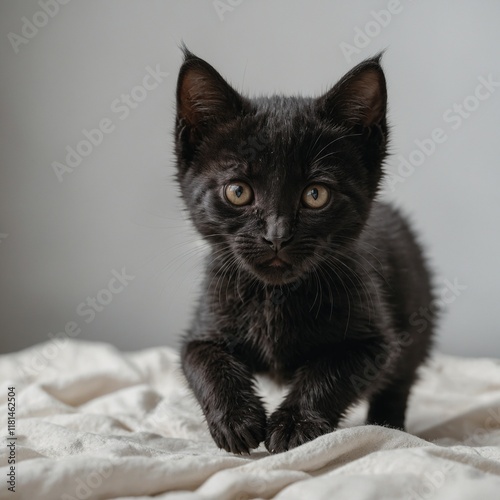 A playful black kitten with a cute round face, scampering on a crisp white background.