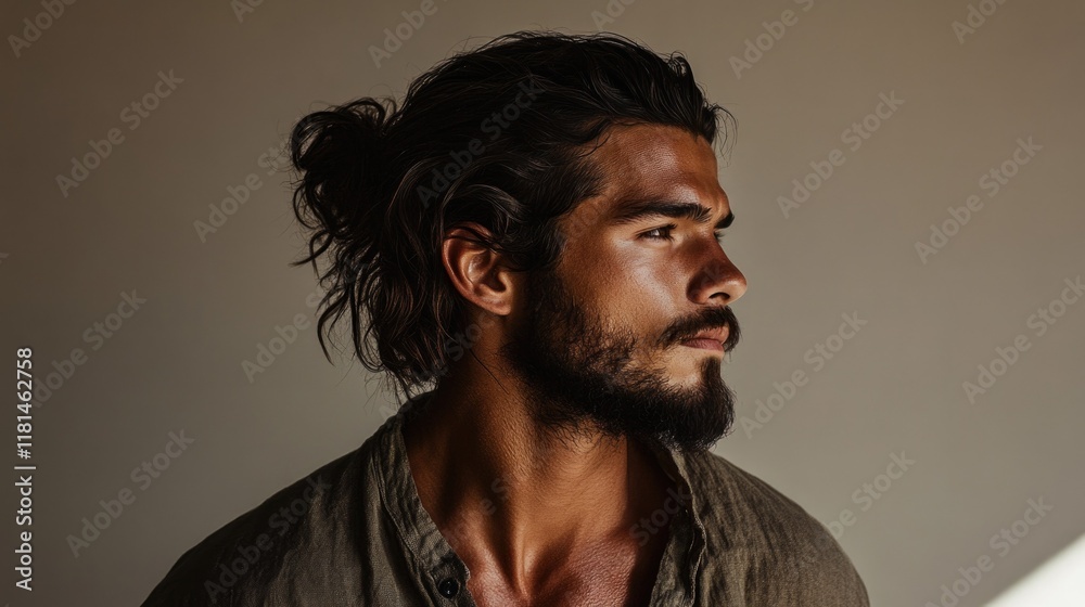 Contemplative man with beard looking away in minimalist setting. Hair identity, diversity Contemplative man with beard looking away in minimalist setting. Hair identity, diversity