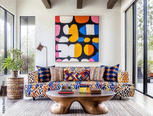 Vibrant maximalist living room with bold sofa and sculptural table