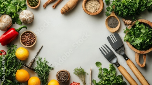 Herb gardening setup with fresh basil and mint along with gardening tools on ...