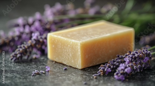 Handmade lavender soap with natural ingredients resting on a textured surface