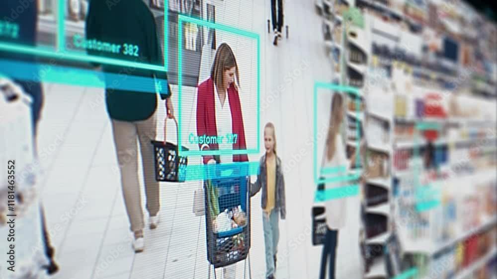 Security Camera Footage with a Mother and a Child in Supermarket. Sophisticated Software with Artificial Intelligence Face Recognition and Customer Identification. People Shopping in a Grocery Store