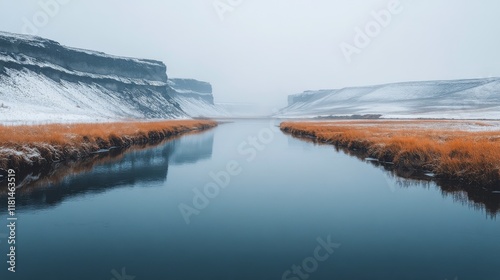 Serene river flowing between cliffs shrouded in fog during early morning hours