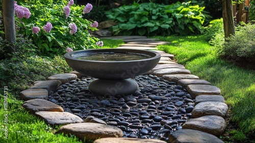 Serene garden with stone fountain surrounded by lush greenery and smooth pebb...