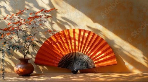Decorative hand fan with orange and red hues placed on a wooden surface