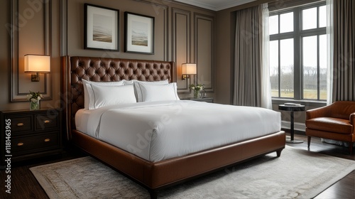 Bright and modern bedroom featuring large windows and elegant decor in a sere...