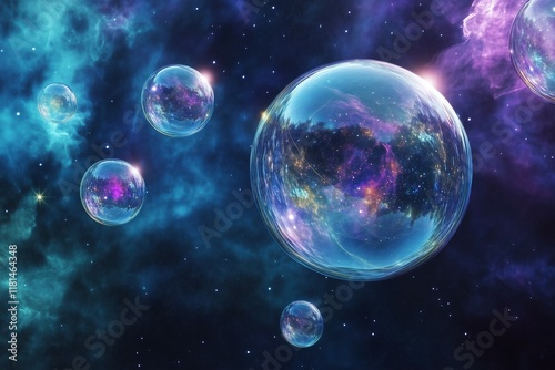 Floating transparent bubbles containing inside stars. Space-themed blue and purple background