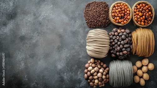 Natural craft materials arranged in various textures and colors on a dark sur...