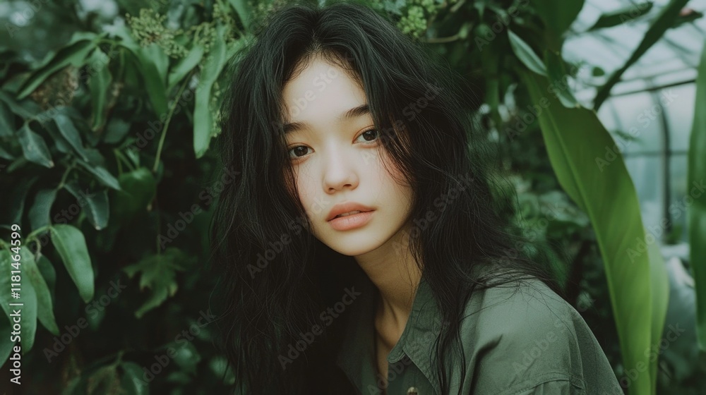 Serene portrait of woman amidst lush greenery capturing natural beauty and tranquility Serene portrait of woman amidst lush greenery capturing natural beauty and tranquility