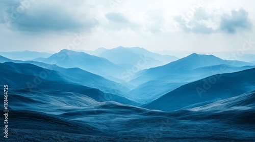 Majestic mountains bathed in soft blue hues during sunrise light