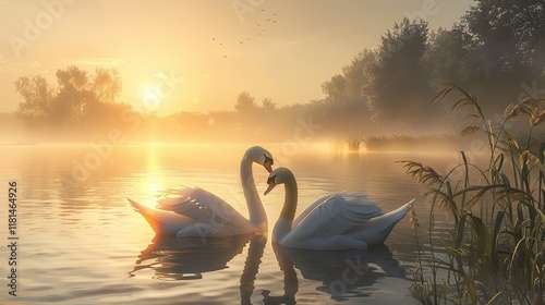 Fototapeta Naklejka Na Ścianę i Meble -  Two swans in love, golden hour, sunrise