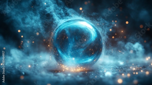 Magical blue orb surrounded by glowing mist in a dark environment at night