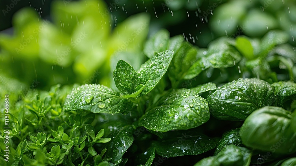 A gentle rain shower on a bed of green herbs. - A gentle rain shower on a bed of green herbs. -