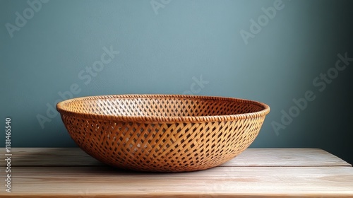 Woven rattan bowl placed on a wooden surface against a plain wall in a well-l...