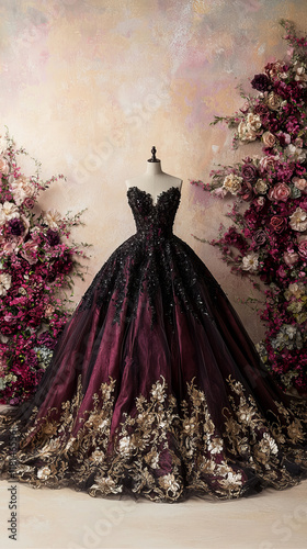 Elegant Quincea?era Dress Displayed in Boutique with Floral Arrangements photo
