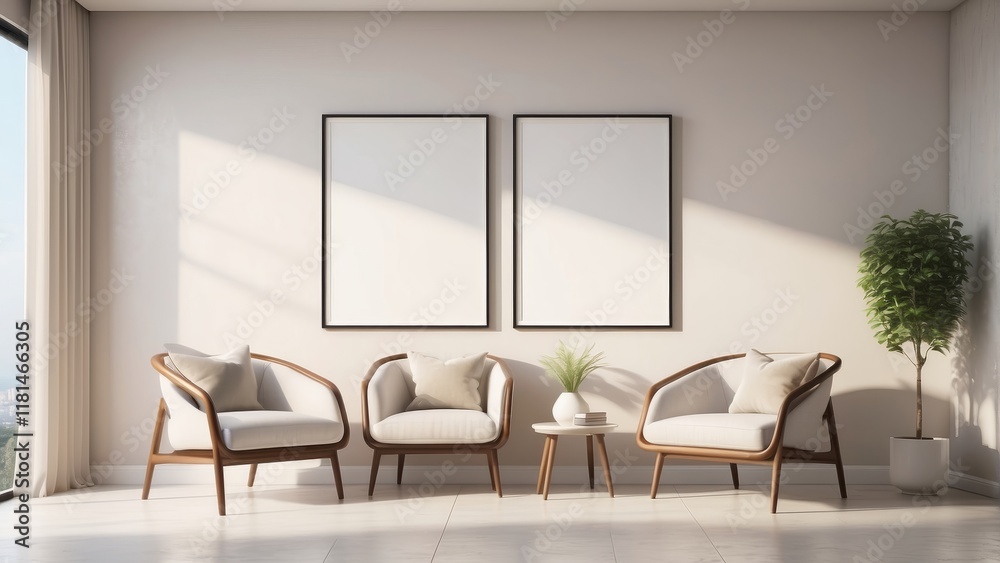 Fototapeta premium minimal living room, pearl color wall background with armchair, and blank poster frame