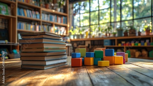 Cozy reading nook with colorful building blocks and stacked books surrounded ...