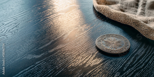 Elegant Windrider Medallion on Dark Wooden Table with Delicate Netting photo