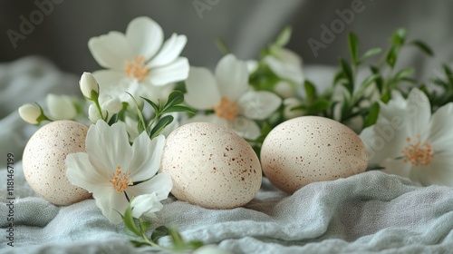 Fresh white eggs placed on soft fabric beside delicate white flowers on a neu...