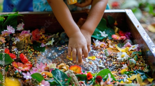 Child's hands exploring sensory nature bin filled with vibrant flowers and seeds for educational play. Activity for motor and sensory development. Neuro psychology, Sensory experiences, autist