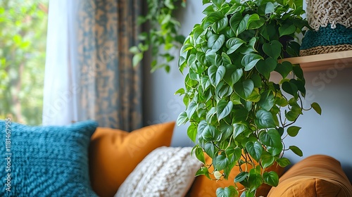 Cascading pothos plant on a tall shelf styled in a bright bohemianthemed living room with vibrant decor accents photo