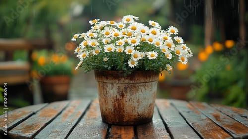 Beautiful daisies blooming in a rustic pot on a wooden table during a gentle ...